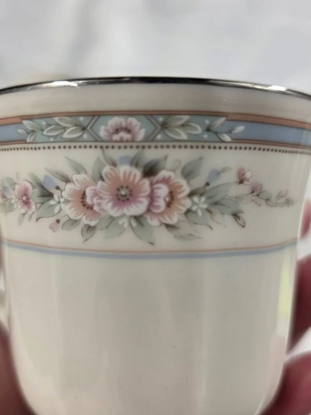 TWO Noritake Rothschild Cup & Saucer Sets Ivory Blue Band with Pink Flowers